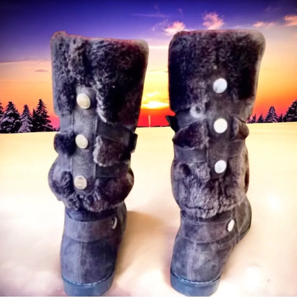 GEOX Mid-Calf Boot Dark Brown Suede Faux FUR Buckles Straps Studs